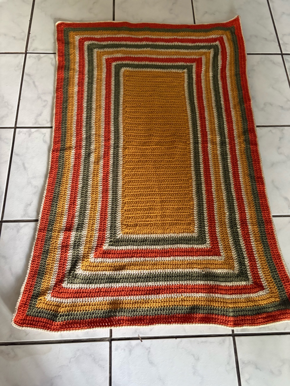 Handmade Striped Crochet Throw in Mustard, Orange, Olive, Cream. 72”L x 46”w
